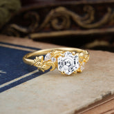 Fashion-Forward Hexagon Cut Natural Lab Diamond Engagement Ring - 4-Prong Nature-Inspired Design